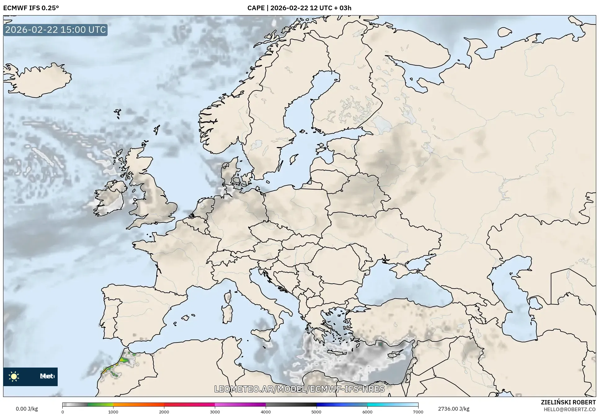 ECMWF IFS 0.25° model - Europa, CAPE