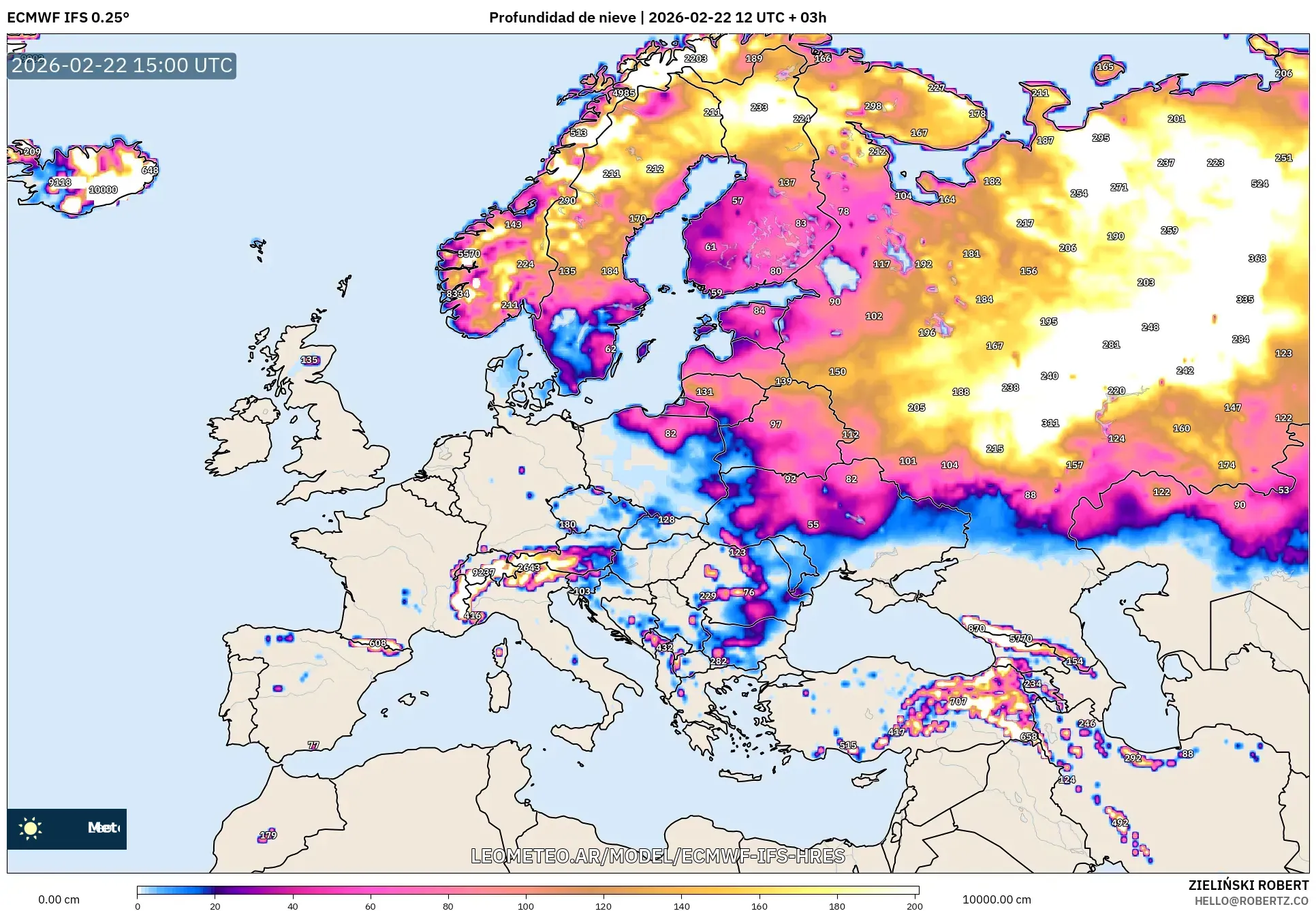 ECMWF IFS 0.25° model - Europa, Pokrywa śnieżna