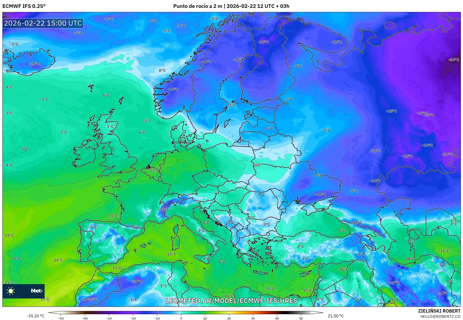 ECMWF IFS 0.25° model - Europa, Punkt rosy na 2 m