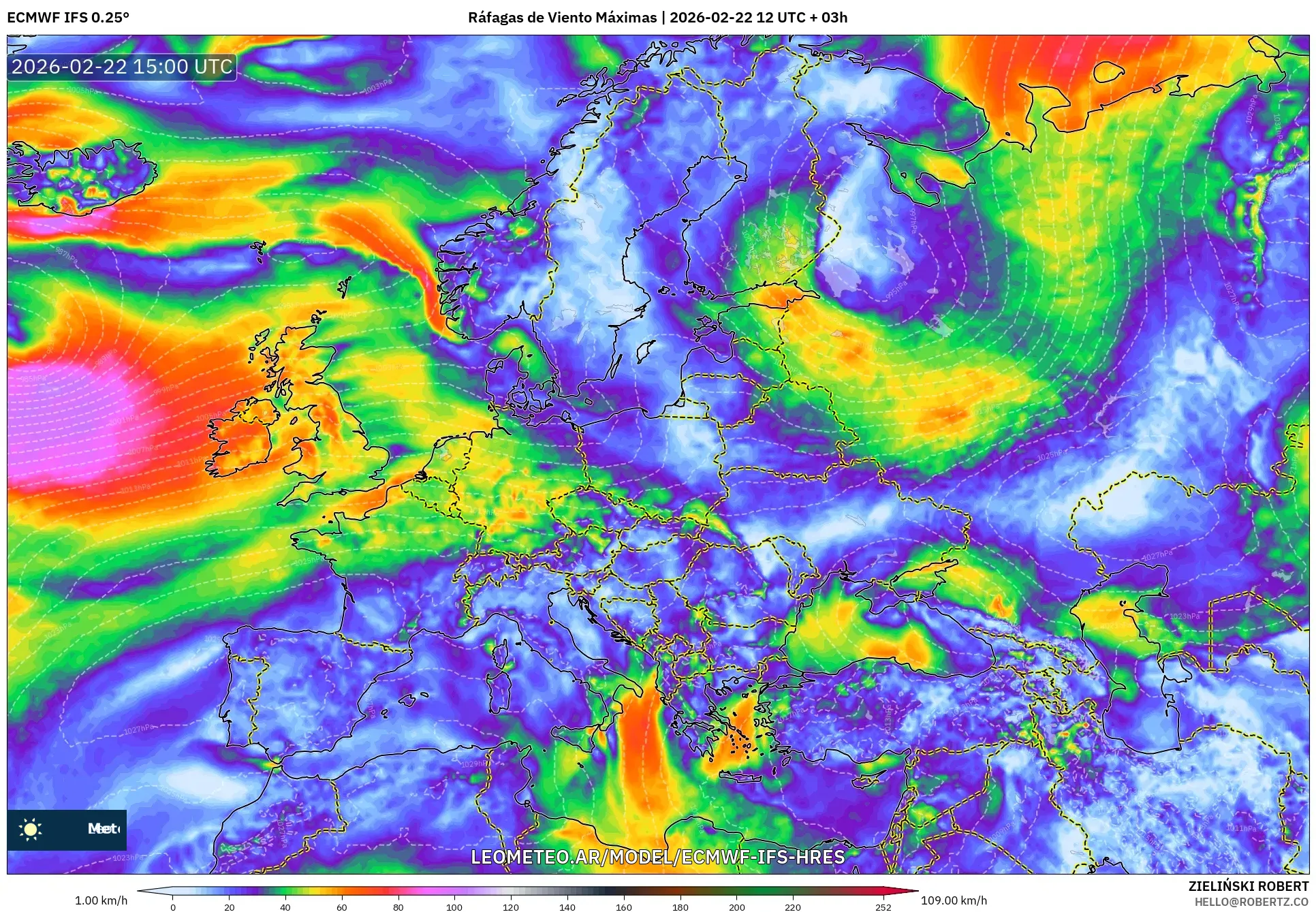 ECMWF IFS 0.25° model - Europa, Maksymalne Porywy Wiatru