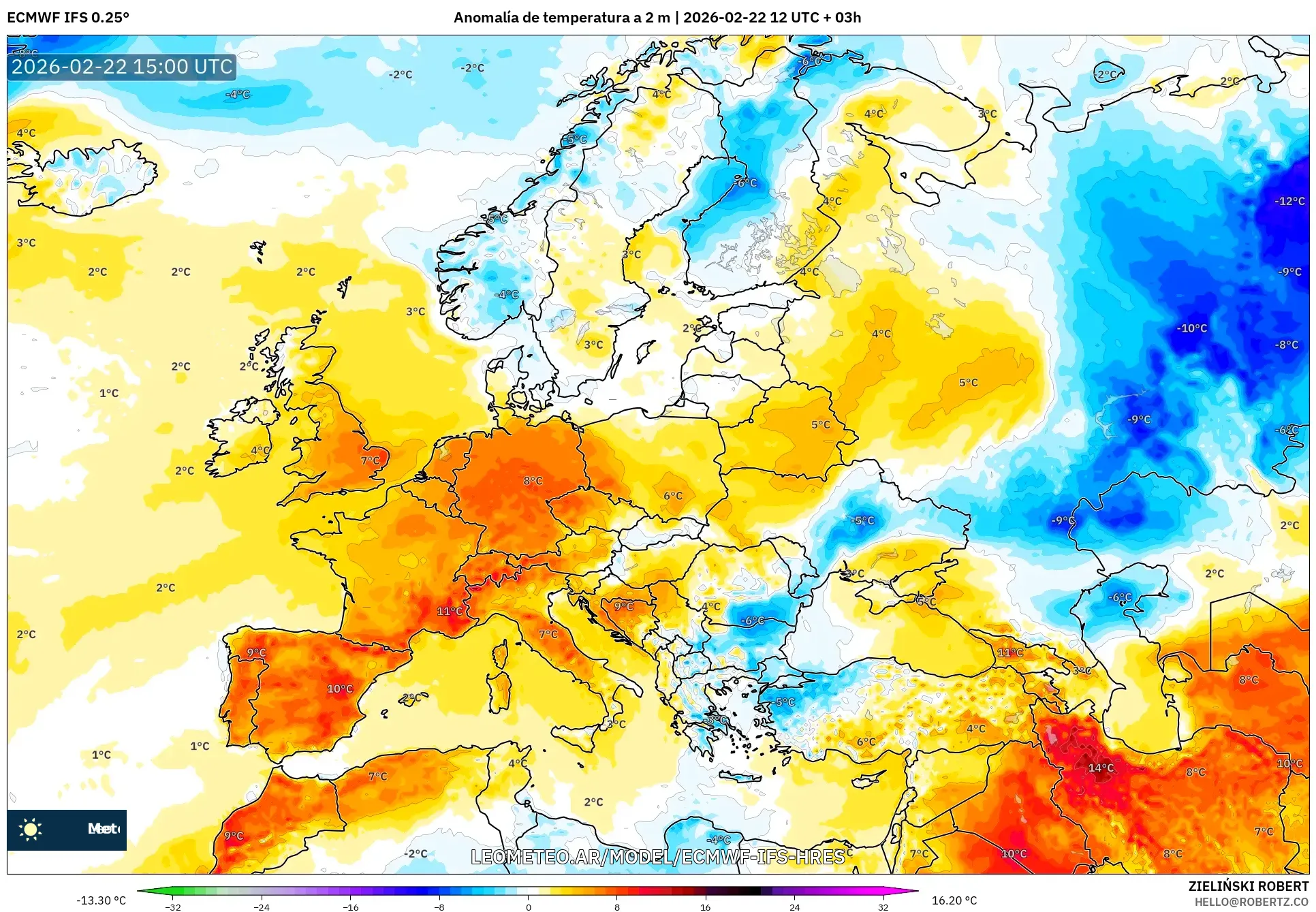 ECMWF IFS 0.25° model - Europa, Anomalia temperatury na 2 m