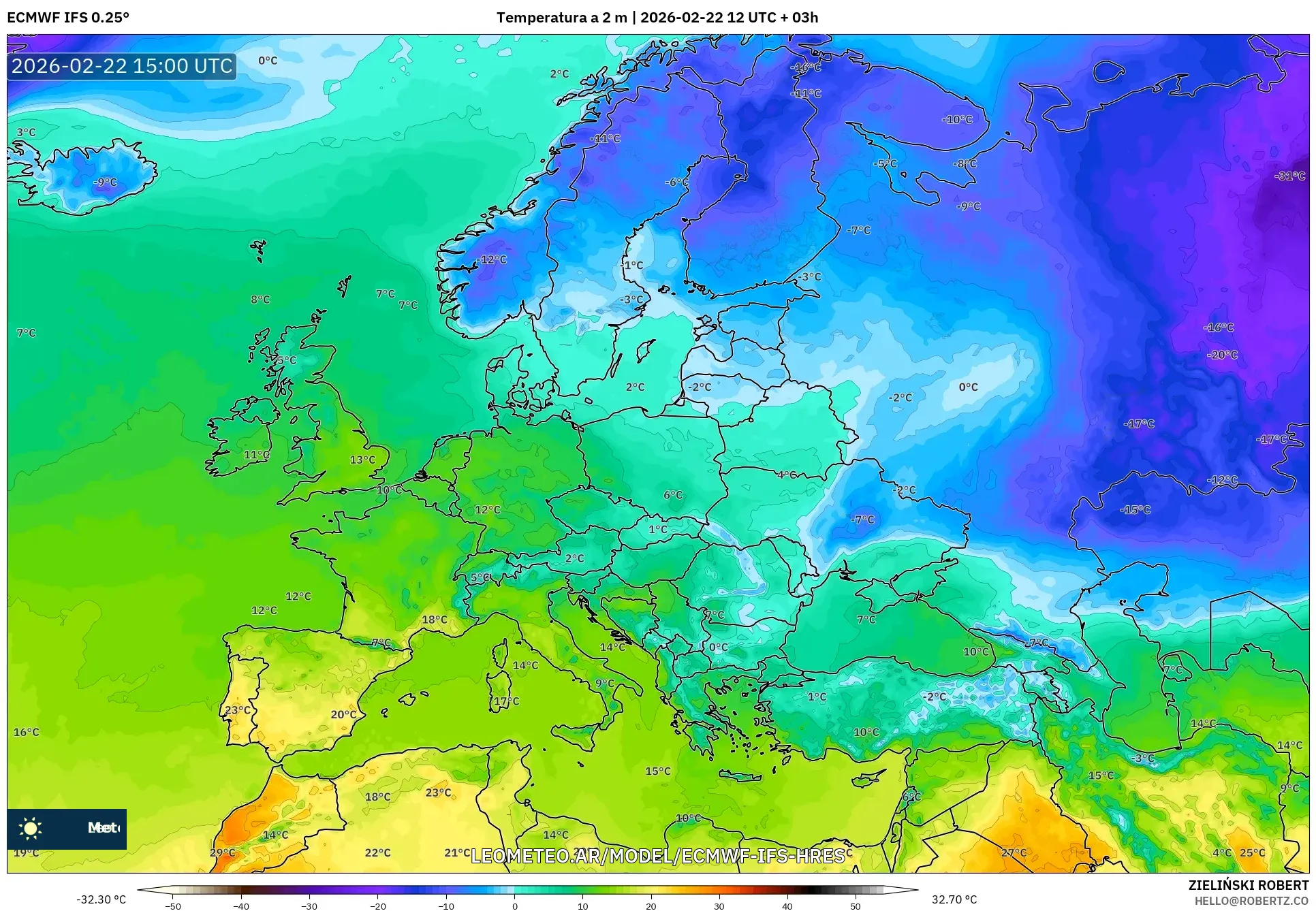 ECMWF IFS 0.25° model - Europa, Temperatura na 2 m