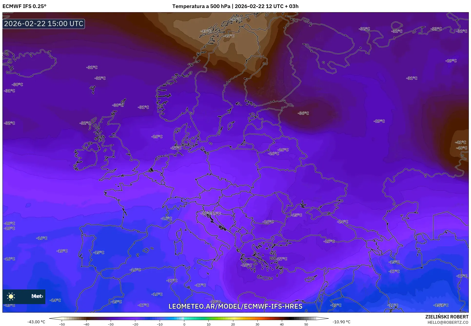 ECMWF IFS 0.25° model - Europa, Temperatura na 500 hPa