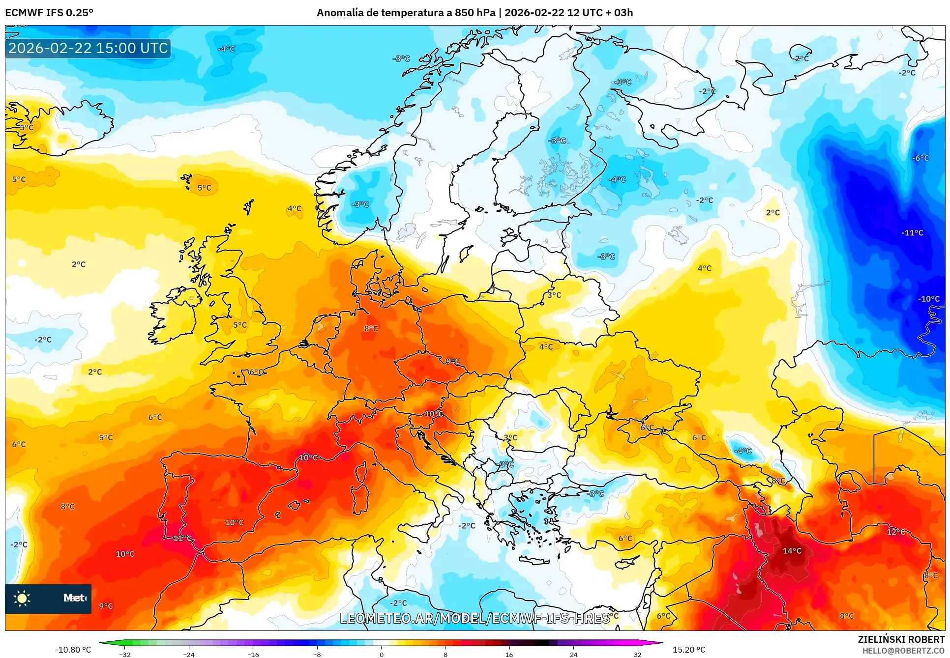 ECMWF IFS 0.25° model - Europa, Anomalia temperatury na 850 hPa