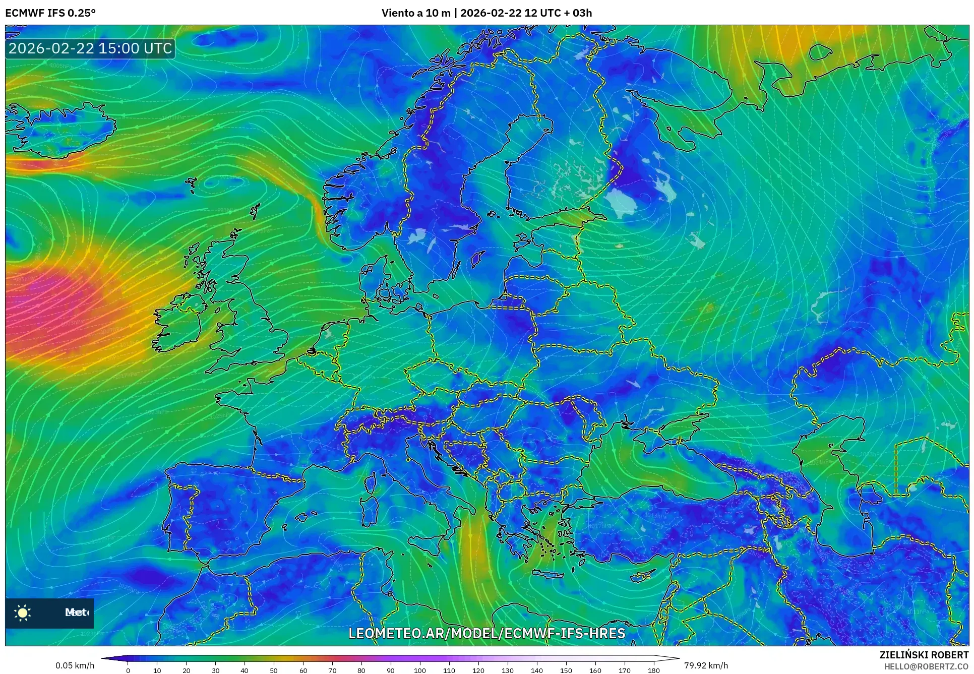 ECMWF IFS 0.25° model - Europa, Wiatr na 10 m