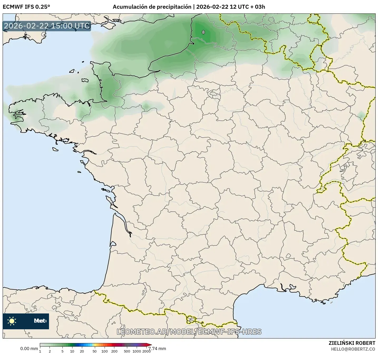 ECMWF IFS 0.25° model - Francja, Suma opadów