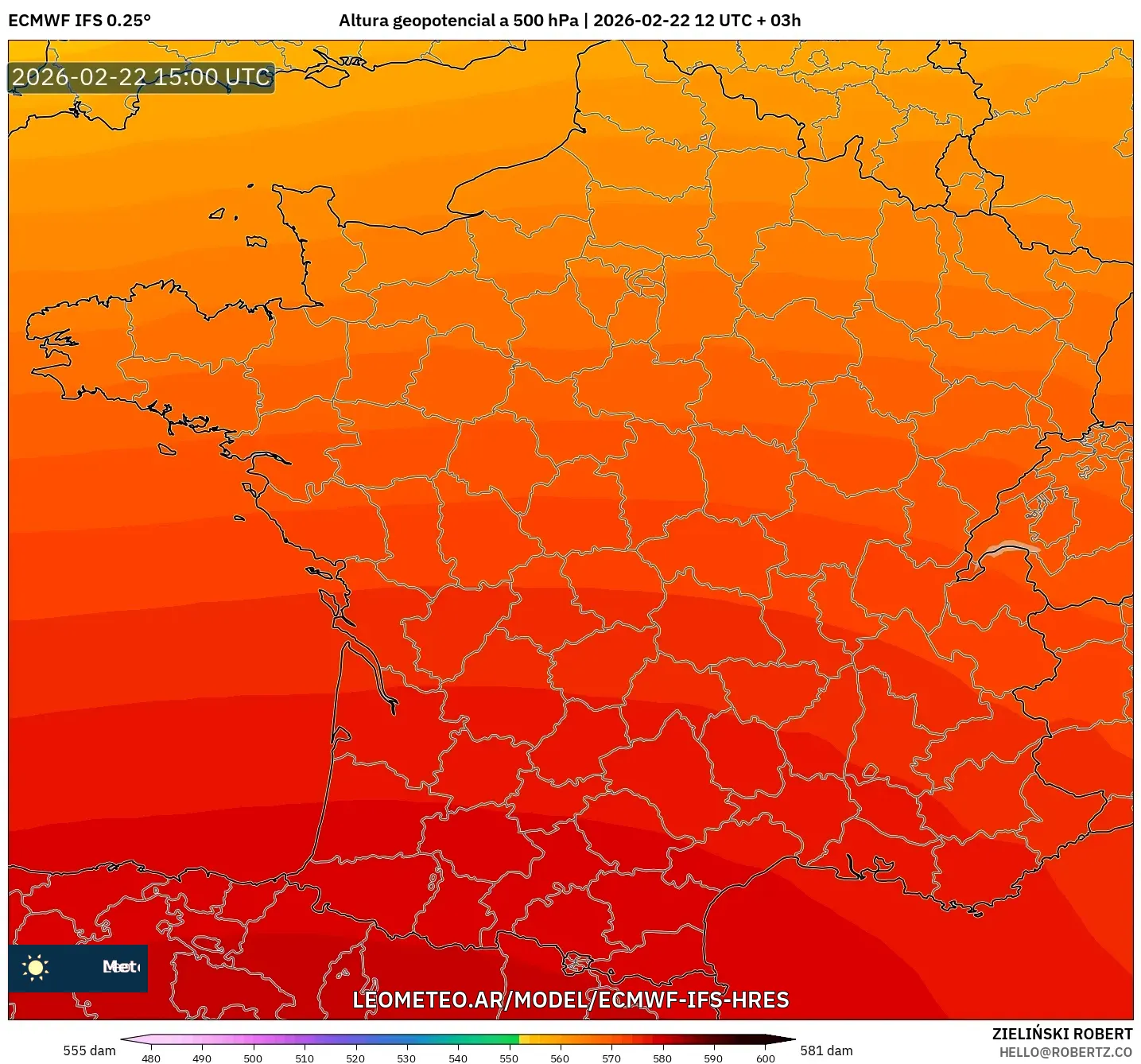 ECMWF IFS 0.25° model - Francja, Wysokość geopotencjalna na poziomie 500 hPa