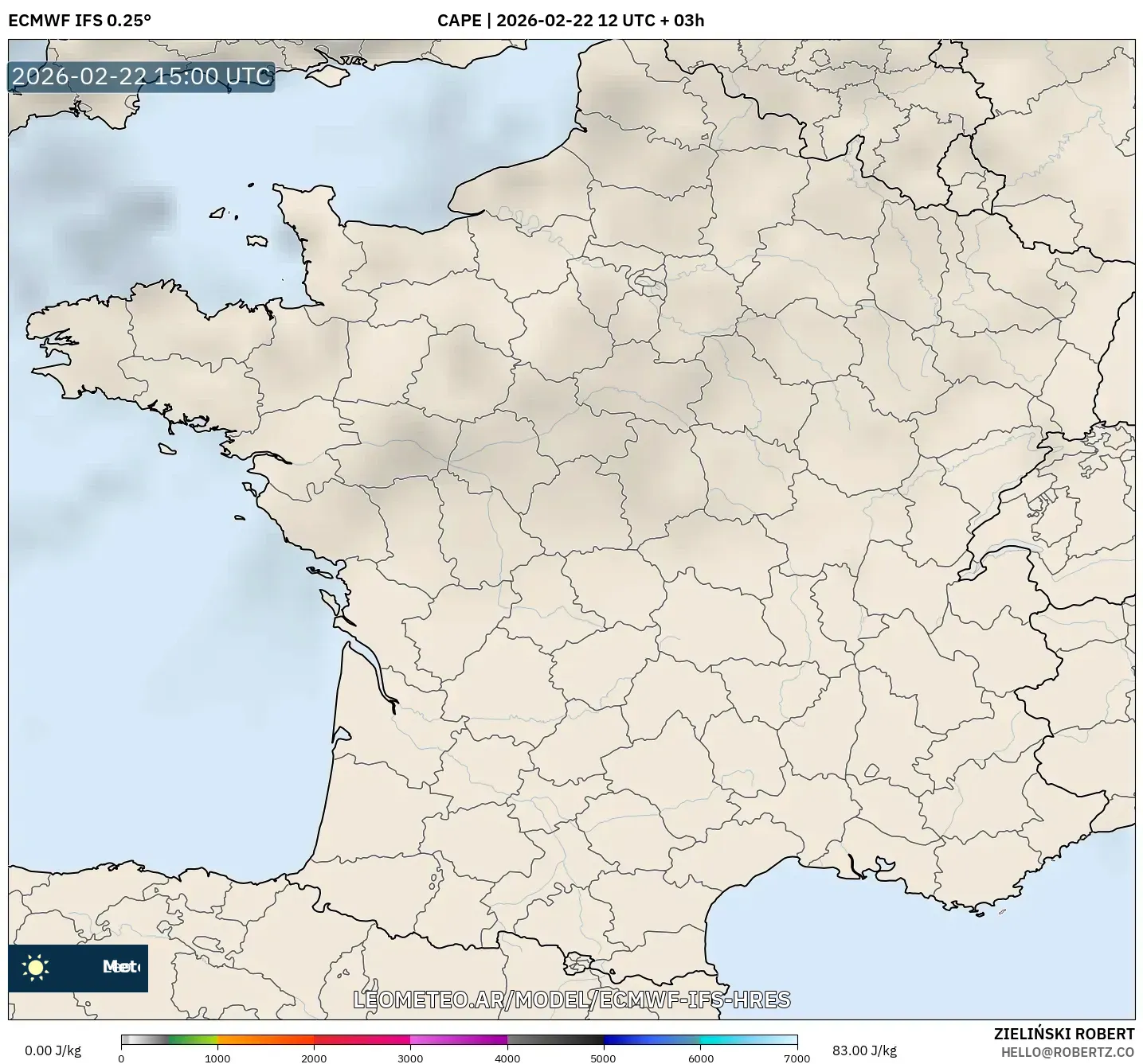 ECMWF IFS 0.25° model - Francja, CAPE