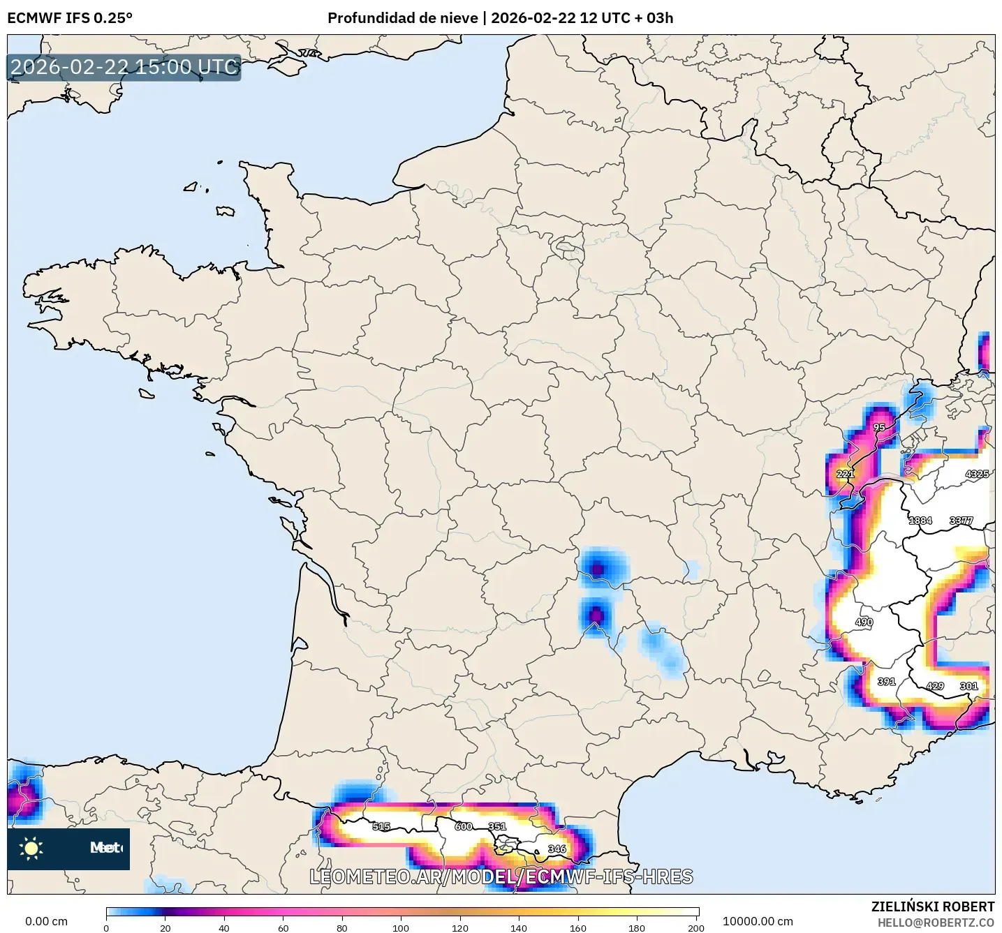 ECMWF IFS 0.25° model - Francja, Pokrywa śnieżna