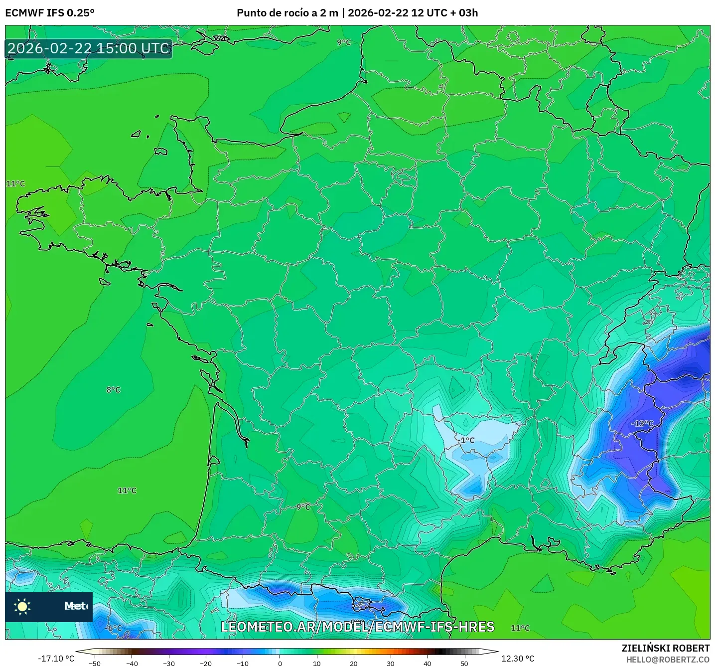 ECMWF IFS 0.25° model - Francja, Punkt rosy na 2 m