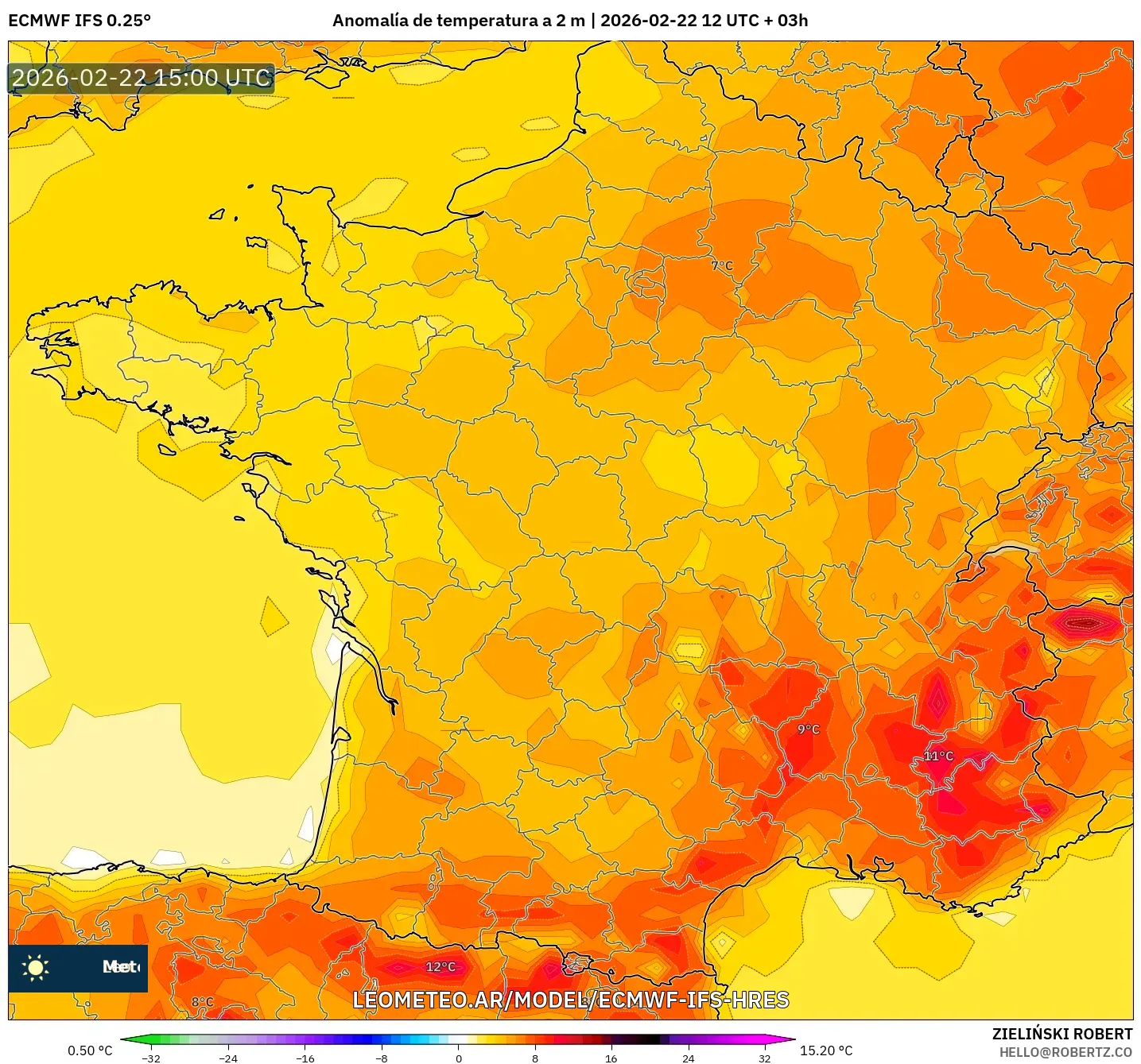 ECMWF IFS 0.25° model - Francja, Anomalia temperatury na 2 m
