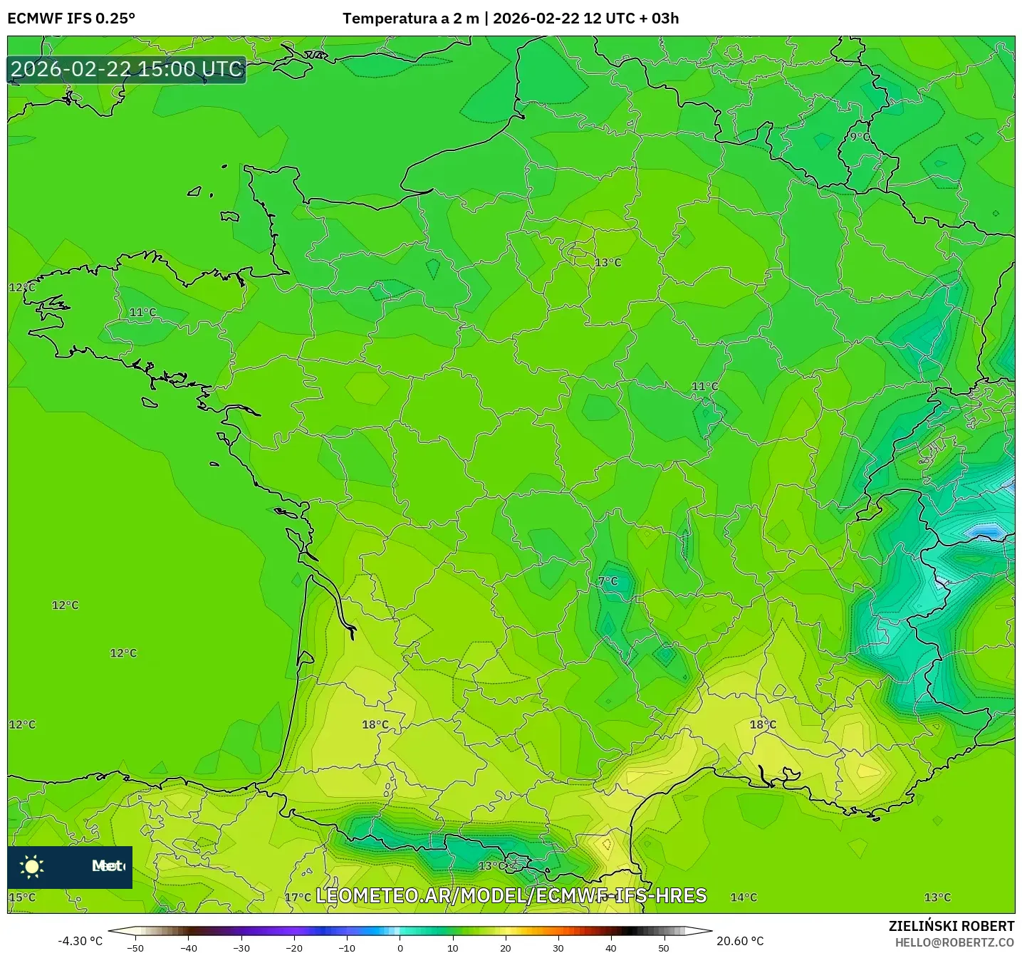 ECMWF IFS 0.25° model - Francja, Temperatura na 2 m