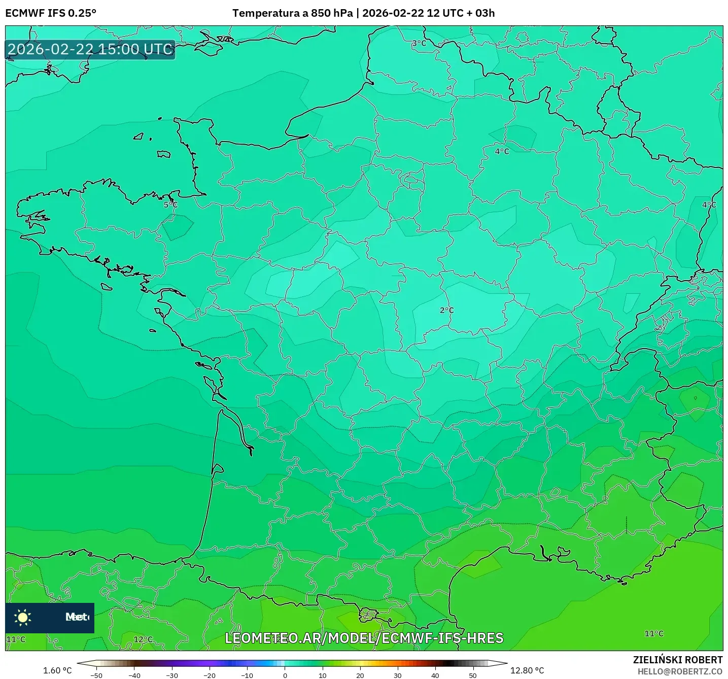 ECMWF IFS 0.25° model - Francja, Temperatura na 850 hPa