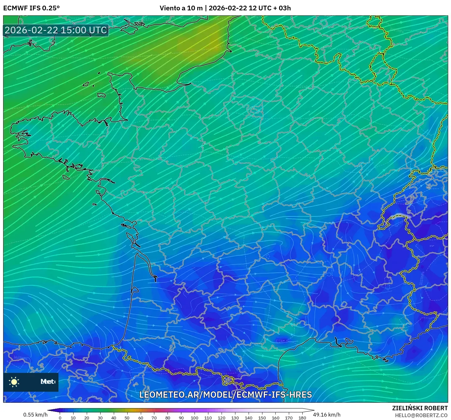 ECMWF IFS 0.25° model - Francja, Wiatr na 10 m