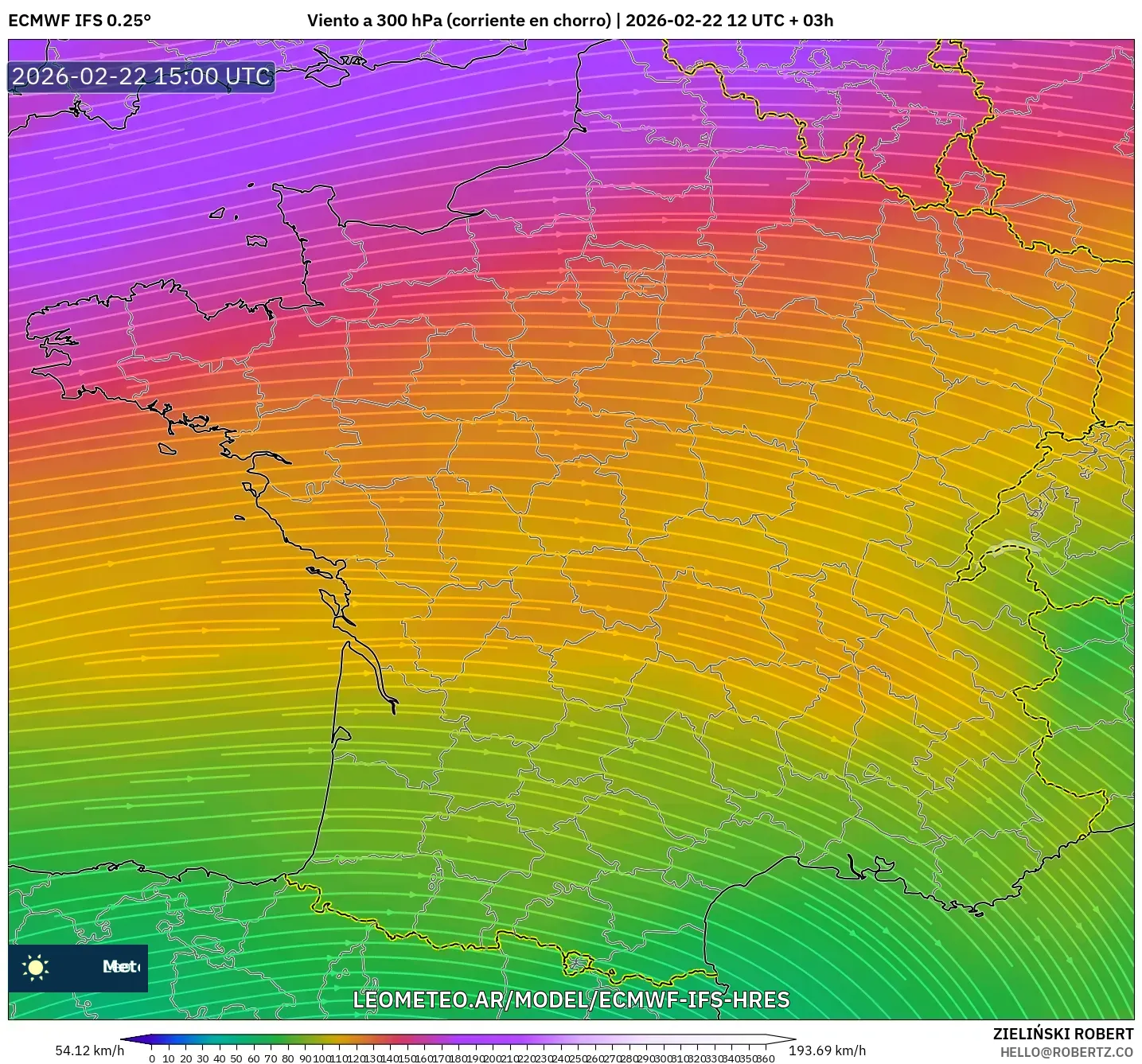 ECMWF IFS 0.25° model - Francja, Wiatr na 300 hPa (prąd strumieniowy)