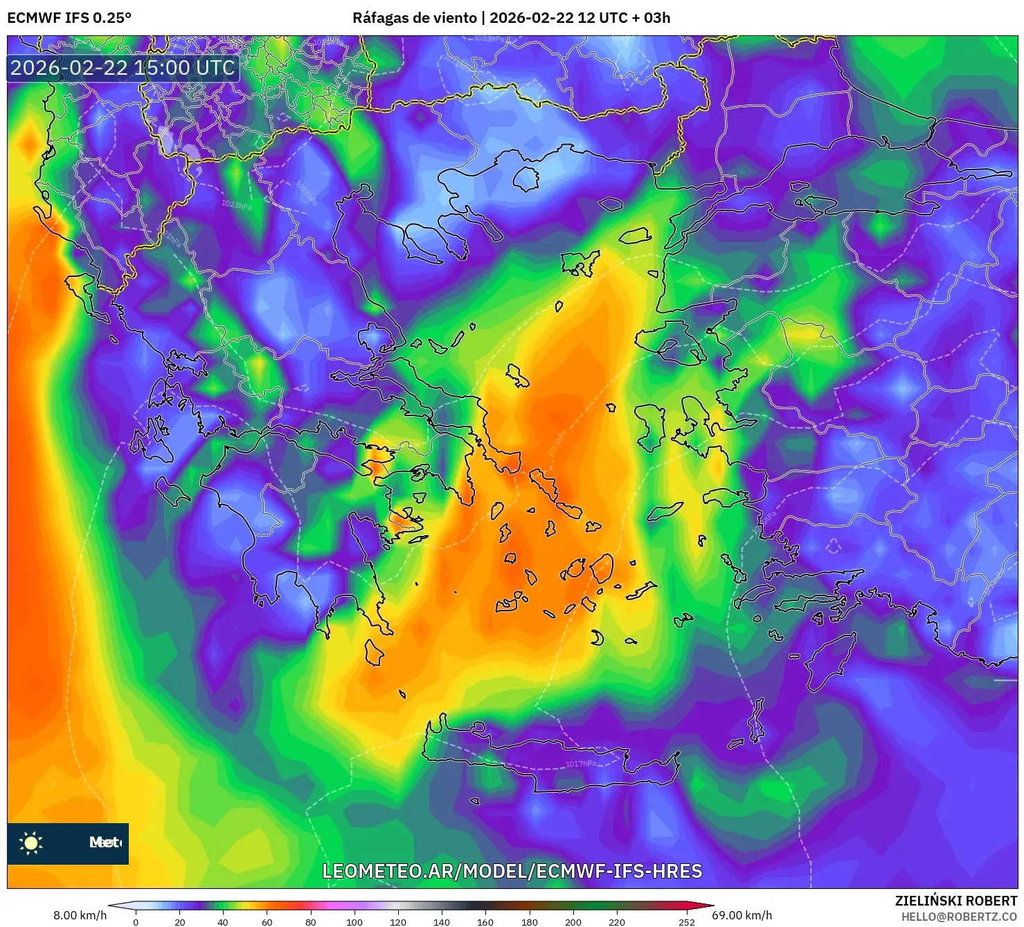 ECMWF IFS 0.25° model - Grecja, Porywy wiatru