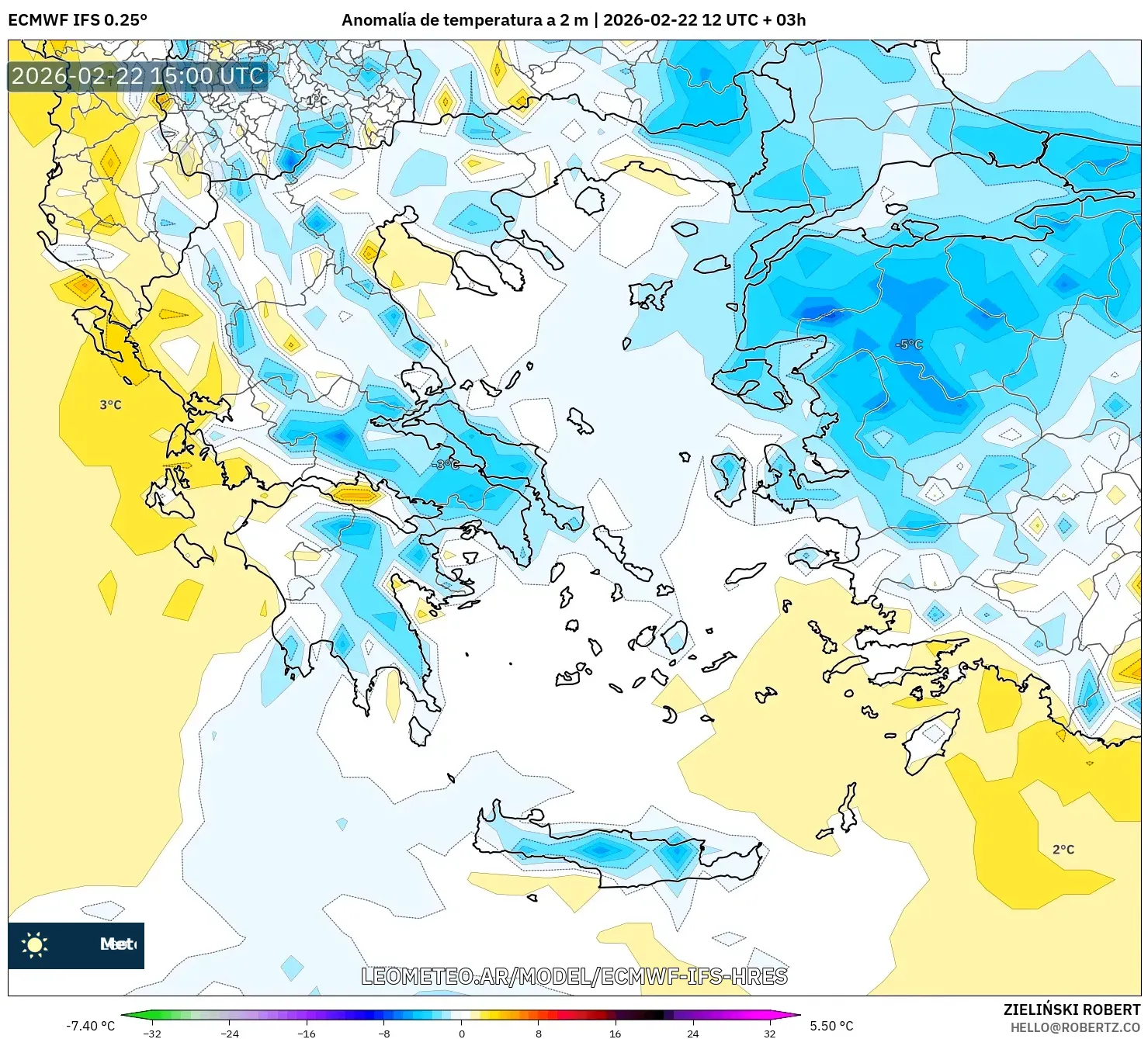 ECMWF IFS 0.25° model - Grecja, Anomalia temperatury na 2 m