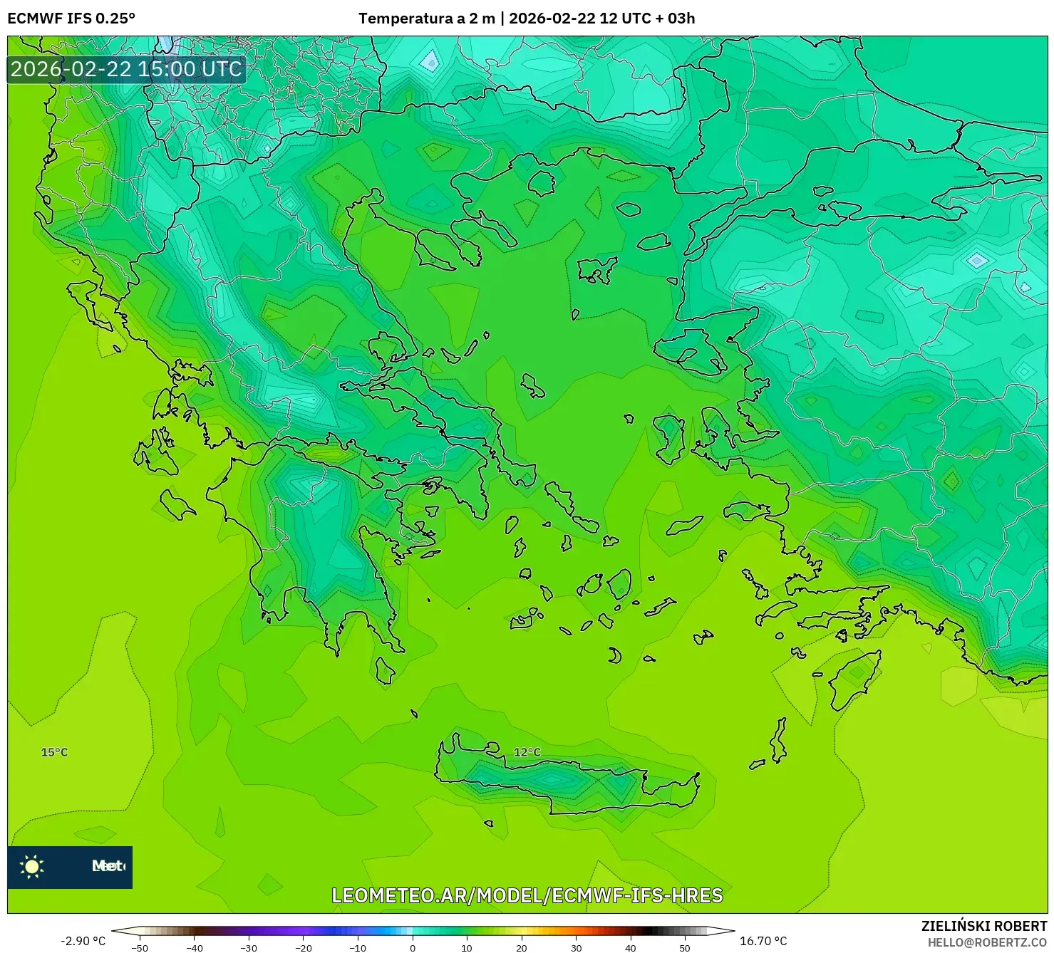 ECMWF IFS 0.25° model - Grecja, Temperatura na 2 m