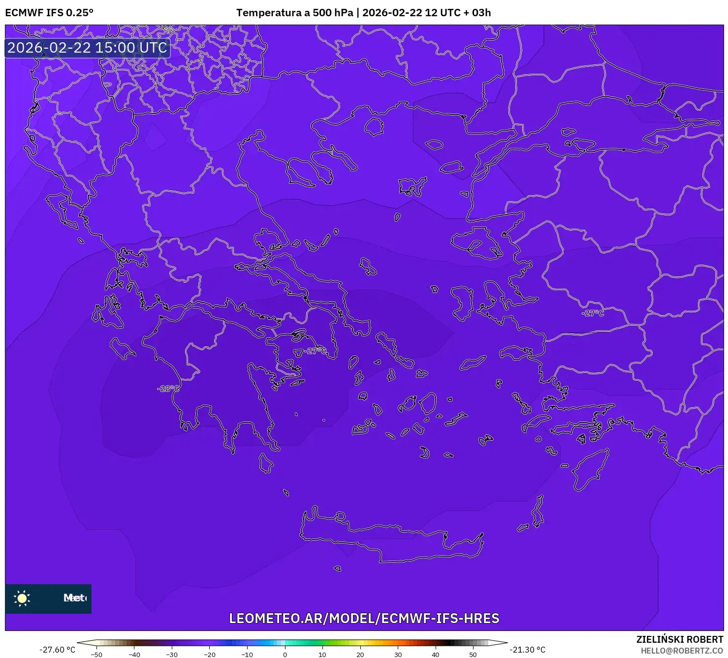 ECMWF IFS 0.25° model - Grecja, Temperatura na 500 hPa