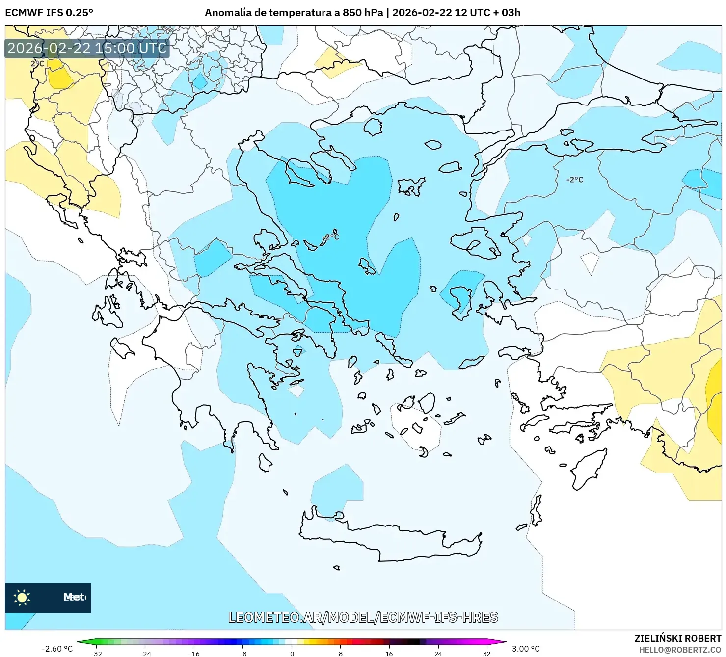ECMWF IFS 0.25° model - Grecja, Anomalia temperatury na 850 hPa
