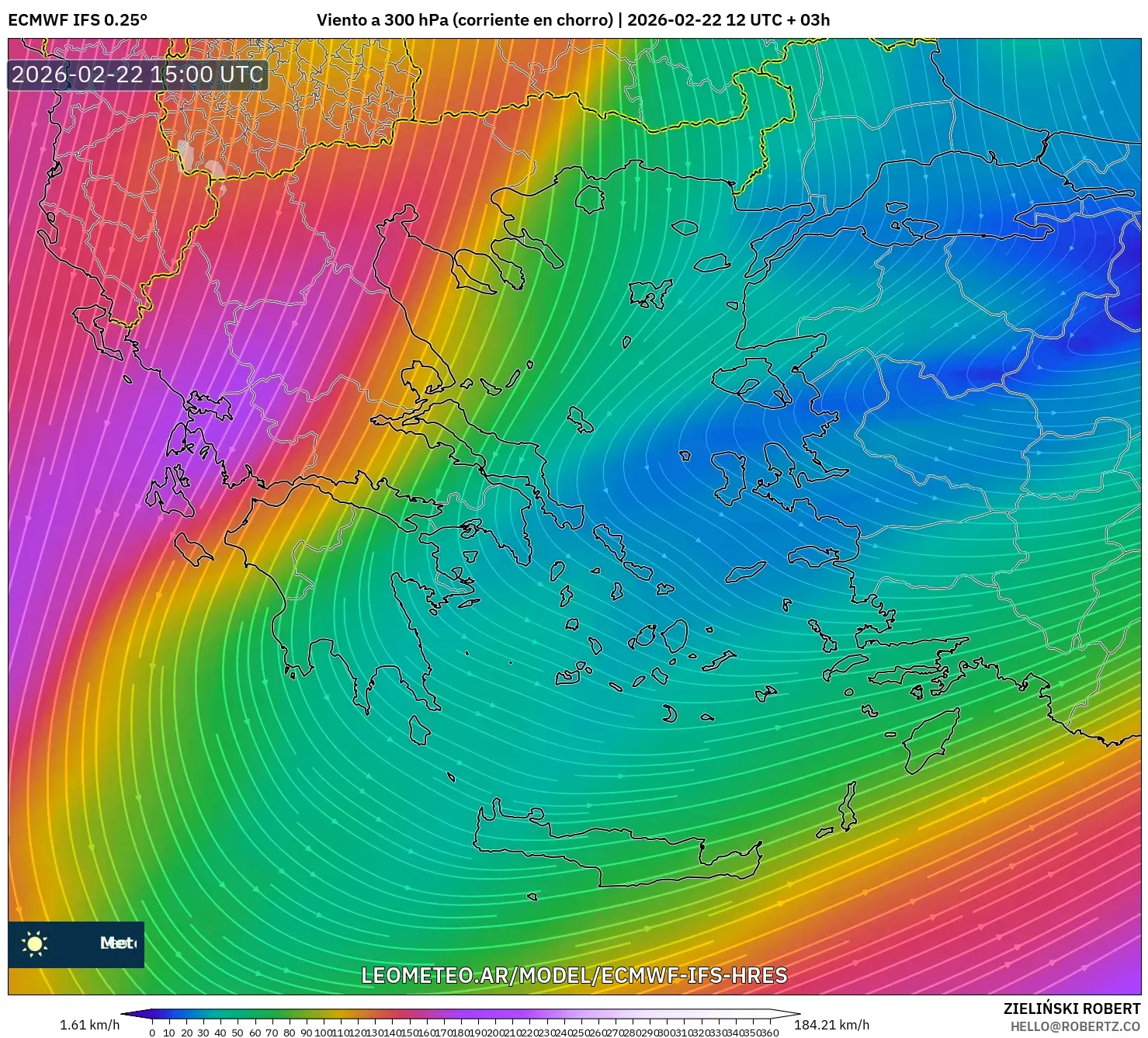 ECMWF IFS 0.25° model - Grecja, Wiatr na 300 hPa (prąd strumieniowy)