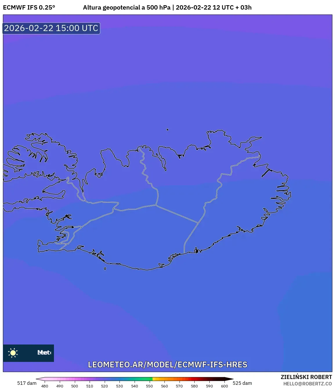 ECMWF IFS 0.25° model - Islandia, Wysokość geopotencjalna na poziomie 500 hPa