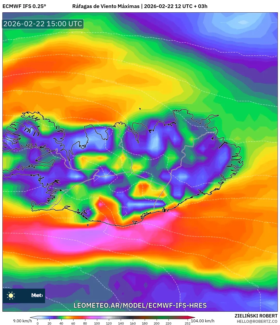 ECMWF IFS 0.25° model - Islandia, Maksymalne Porywy Wiatru
