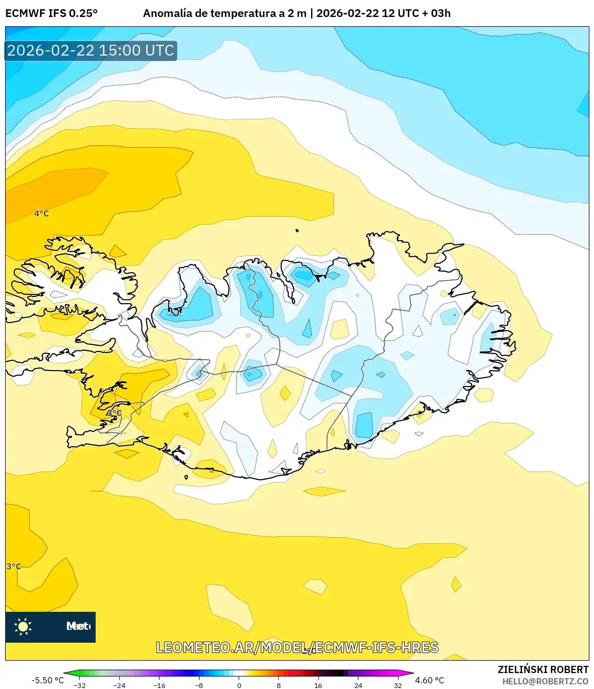 ECMWF IFS 0.25° model - Islandia, Anomalia temperatury na 2 m