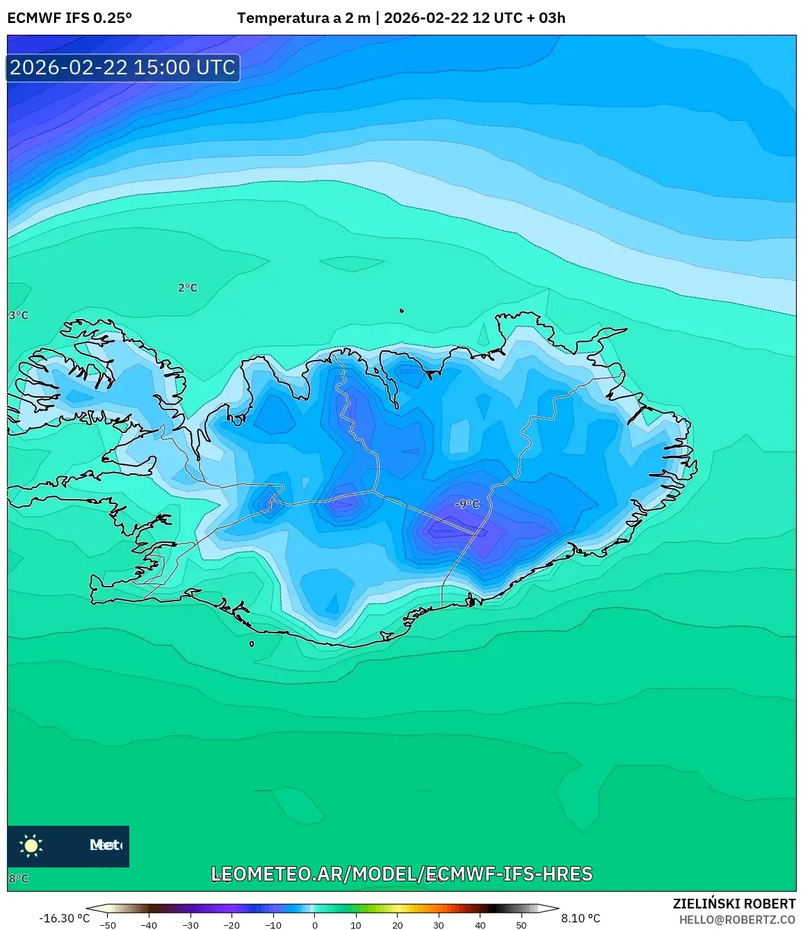 ECMWF IFS 0.25° model - Islandia, Temperatura na 2 m