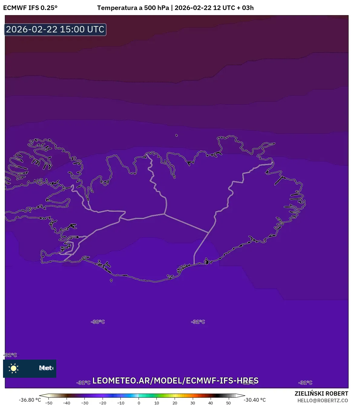 ECMWF IFS 0.25° model - Islandia, Temperatura na 500 hPa