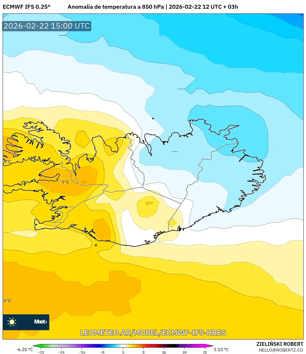 ECMWF IFS 0.25° model - Islandia, Anomalia temperatury na 850 hPa
