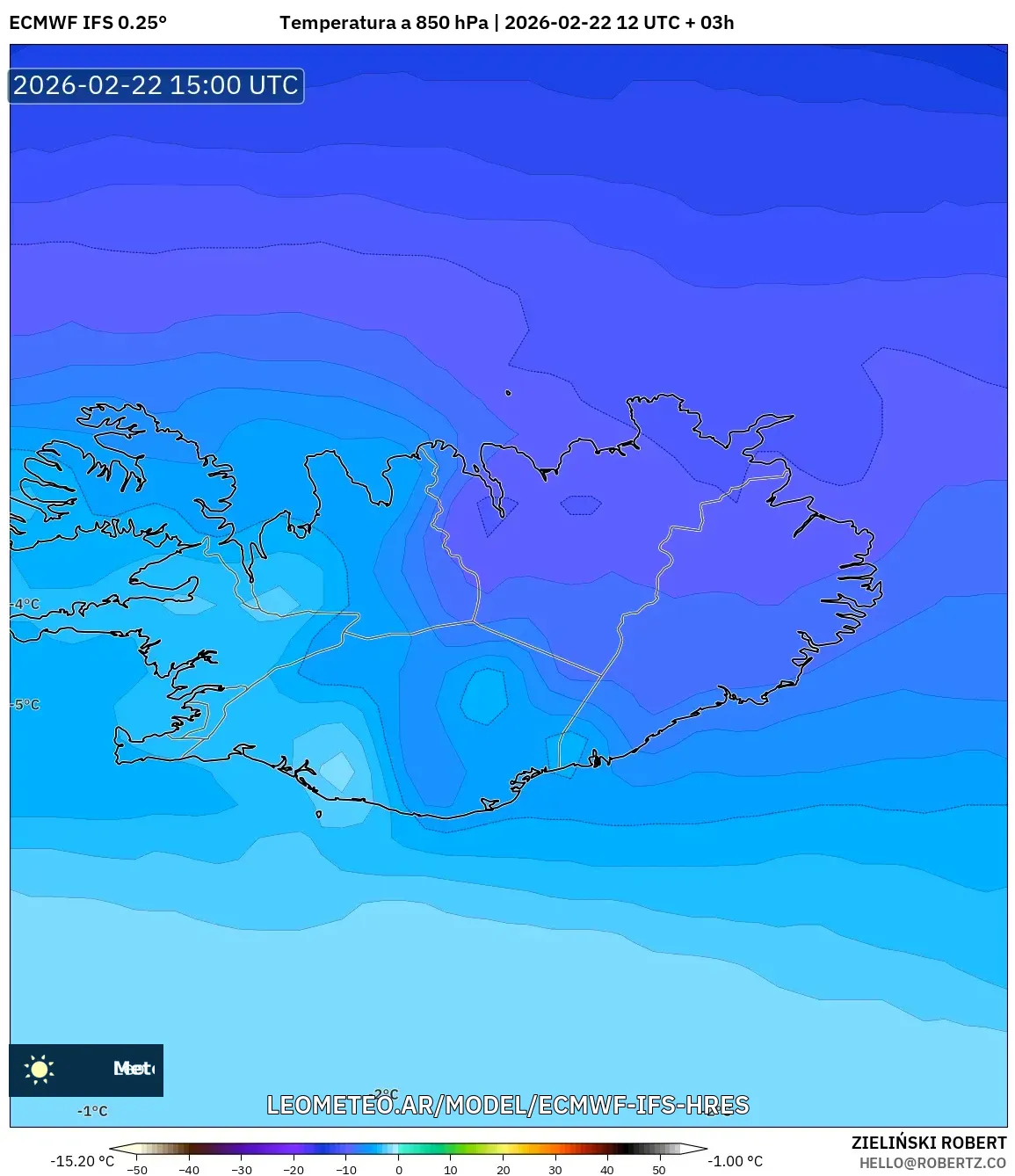 ECMWF IFS 0.25° model - Islandia, Temperatura na 850 hPa