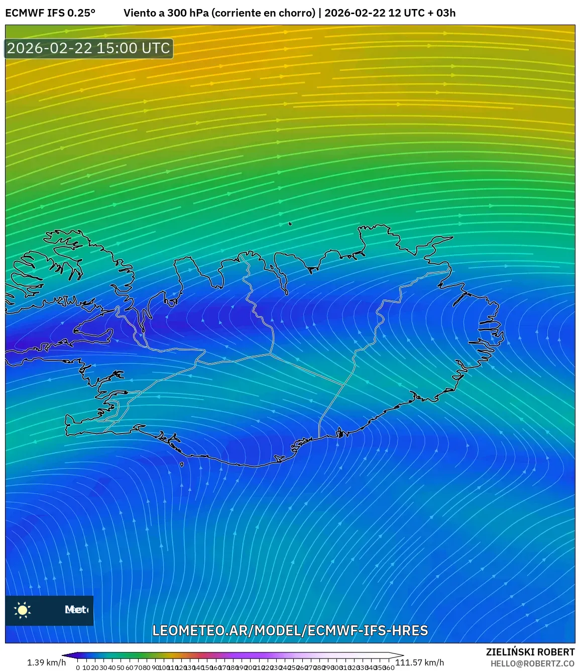 ECMWF IFS 0.25° model - Islandia, Wiatr na 300 hPa (prąd strumieniowy)