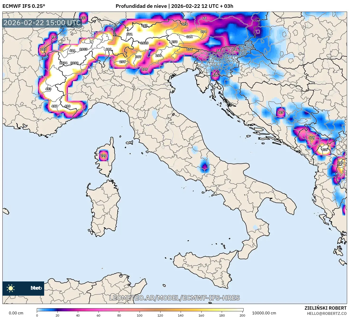 ECMWF IFS 0.25° model - Włochy, Pokrywa śnieżna