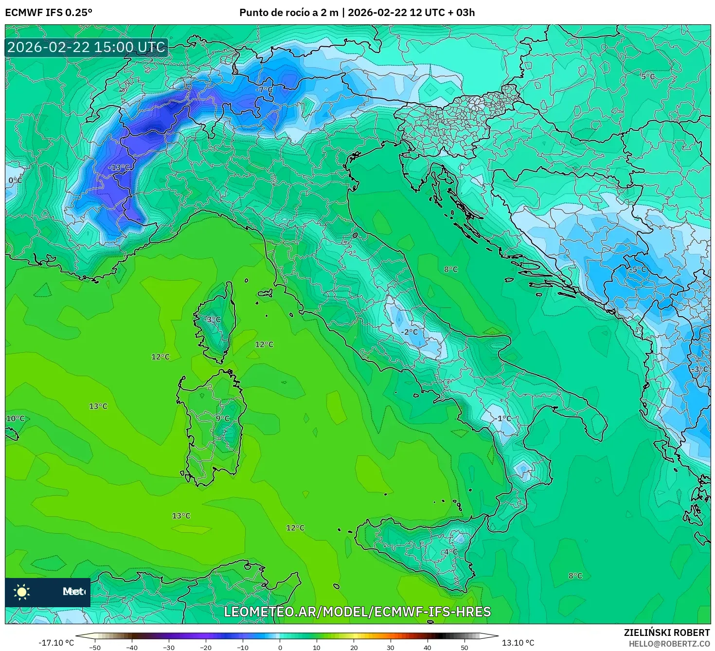 ECMWF IFS 0.25° model - Włochy, Punkt rosy na 2 m