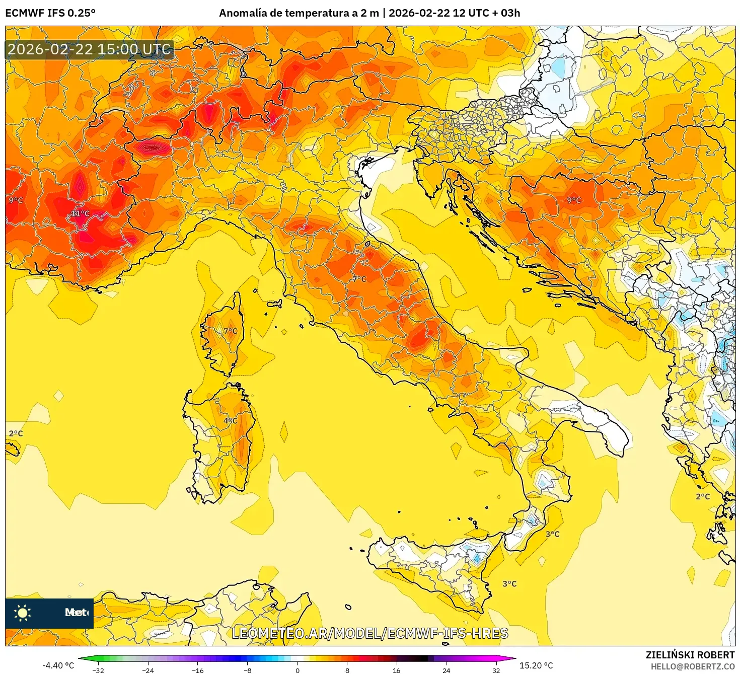 ECMWF IFS 0.25° model - Włochy, Anomalia temperatury na 2 m