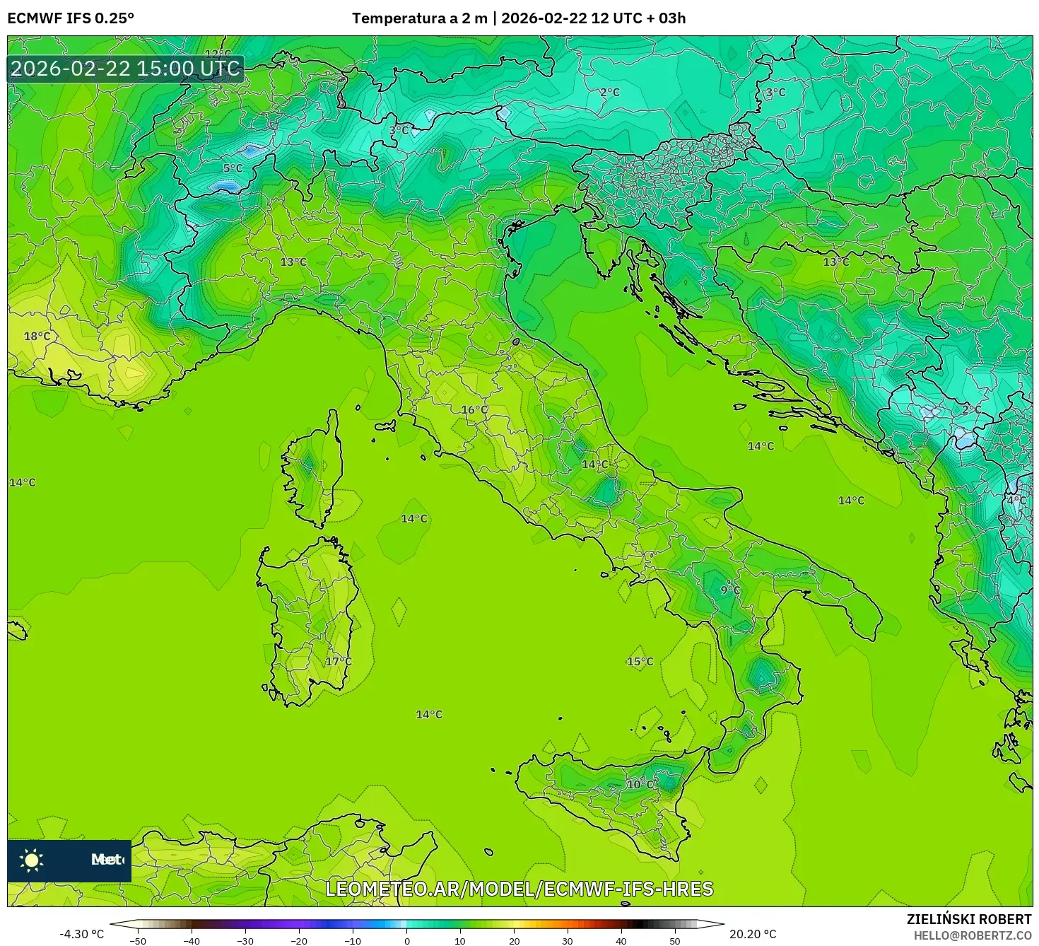 ECMWF IFS 0.25° model - Włochy, Temperatura na 2 m