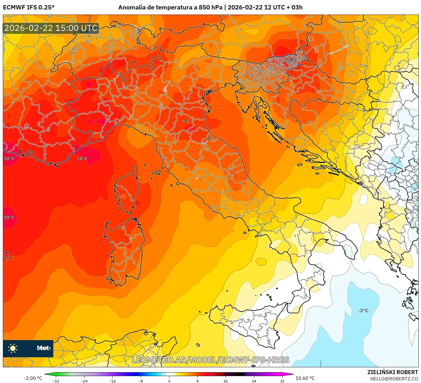 ECMWF IFS 0.25° model - Włochy, Anomalia temperatury na 850 hPa