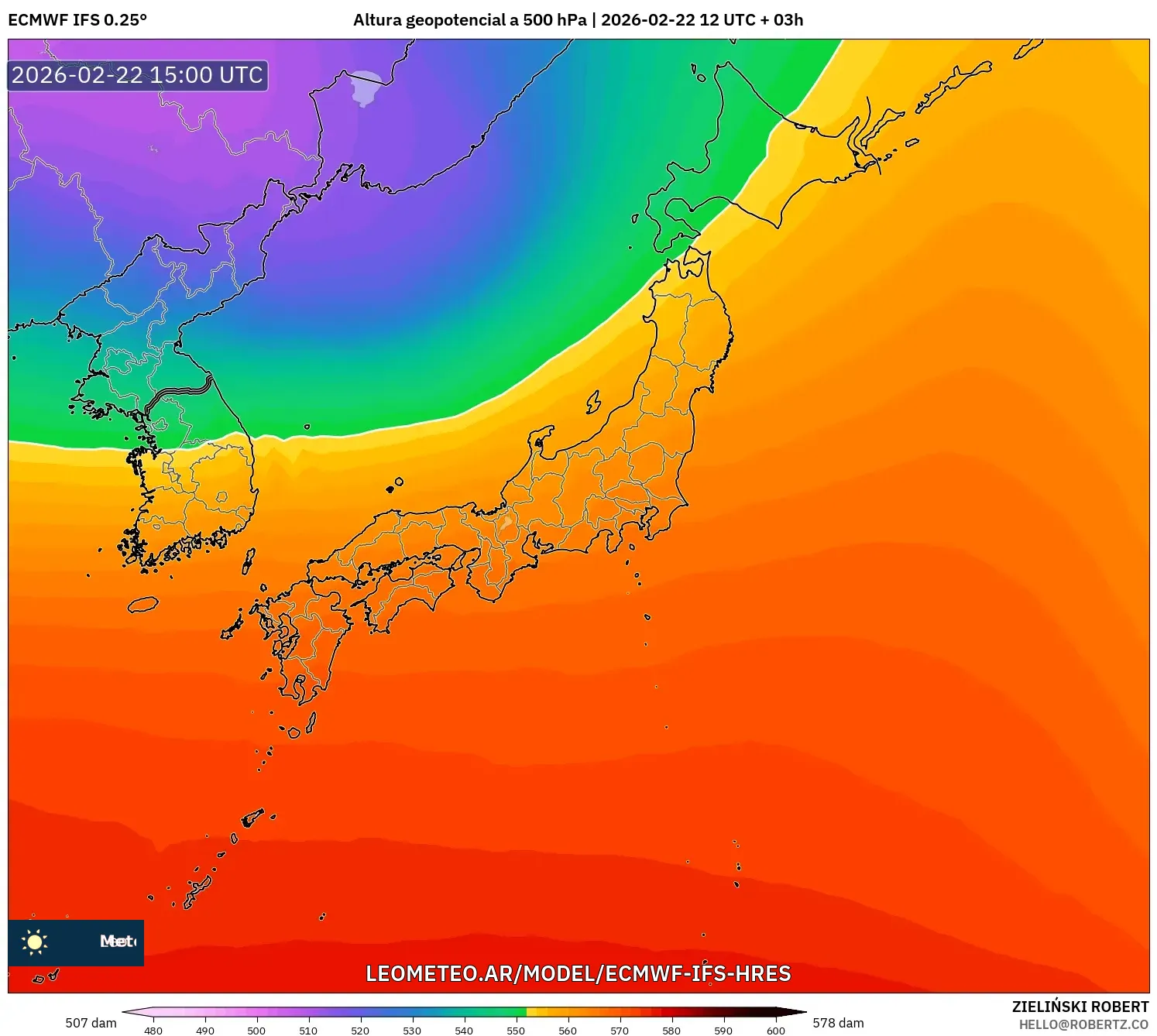 ECMWF IFS 0.25° model - Japonia, Wysokość geopotencjalna na poziomie 500 hPa