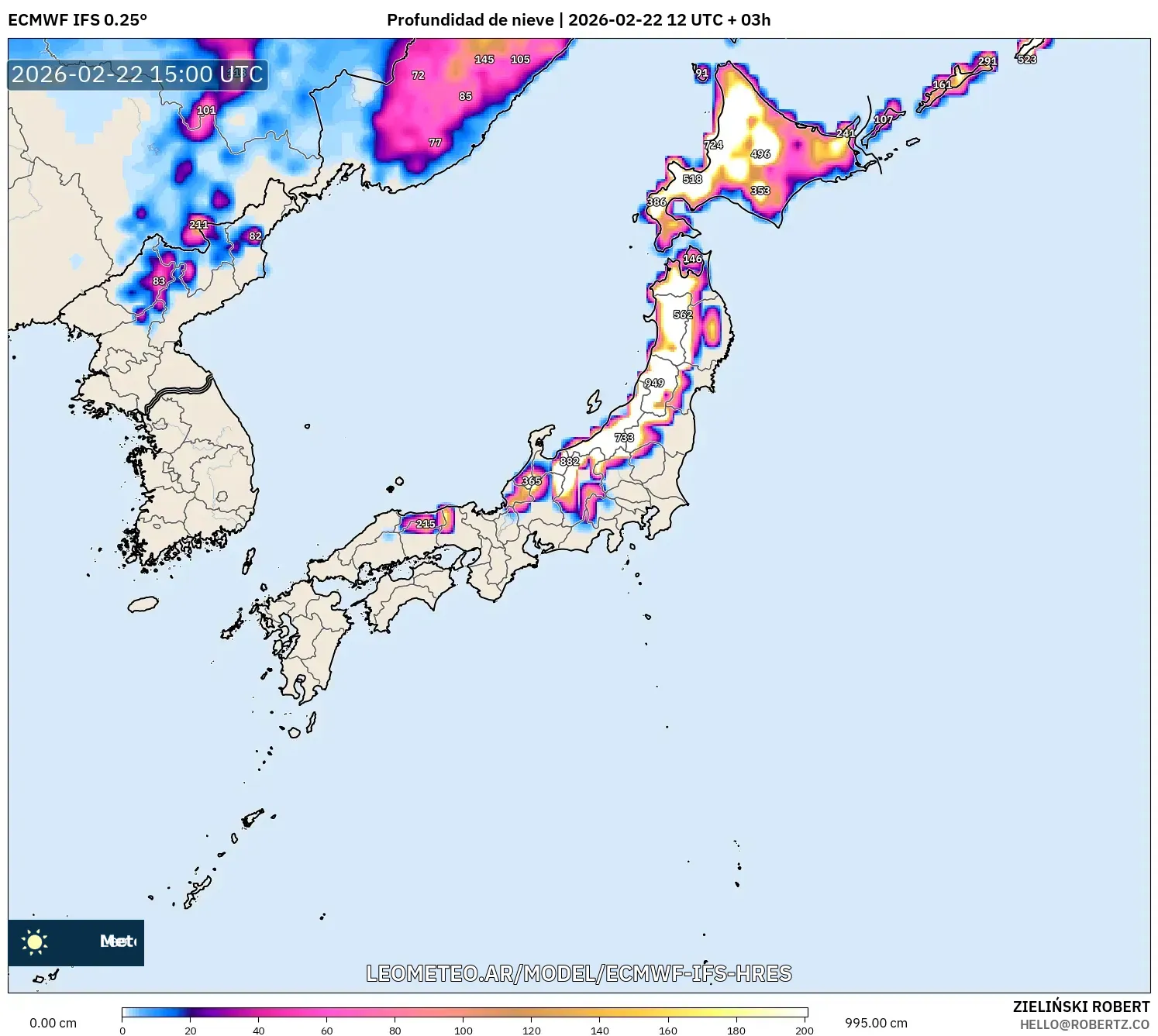 ECMWF IFS 0.25° model - Japonia, Pokrywa śnieżna