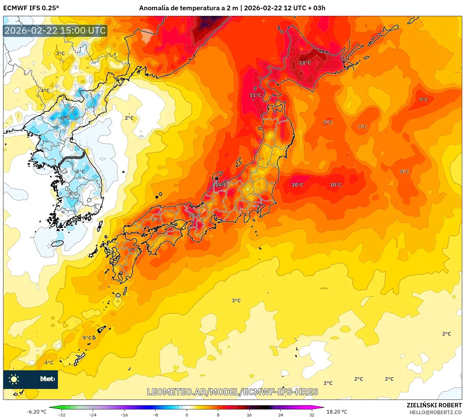 ECMWF IFS 0.25° model - Japonia, Anomalia temperatury na 2 m