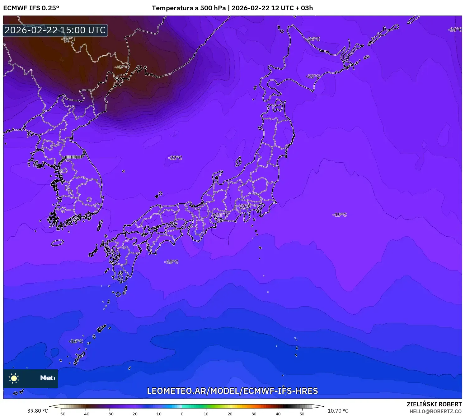 ECMWF IFS 0.25° model - Japonia, Temperatura na 500 hPa