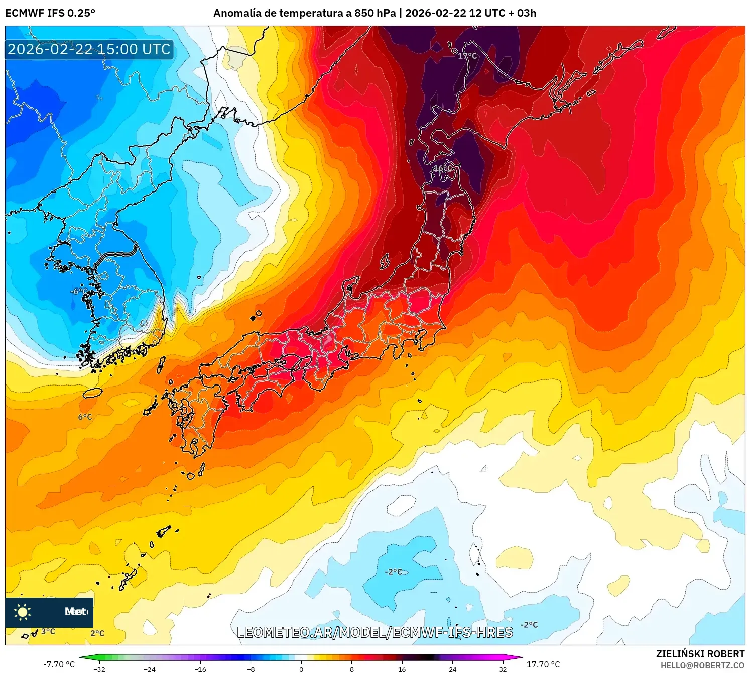 ECMWF IFS 0.25° model - Japonia, Anomalia temperatury na 850 hPa
