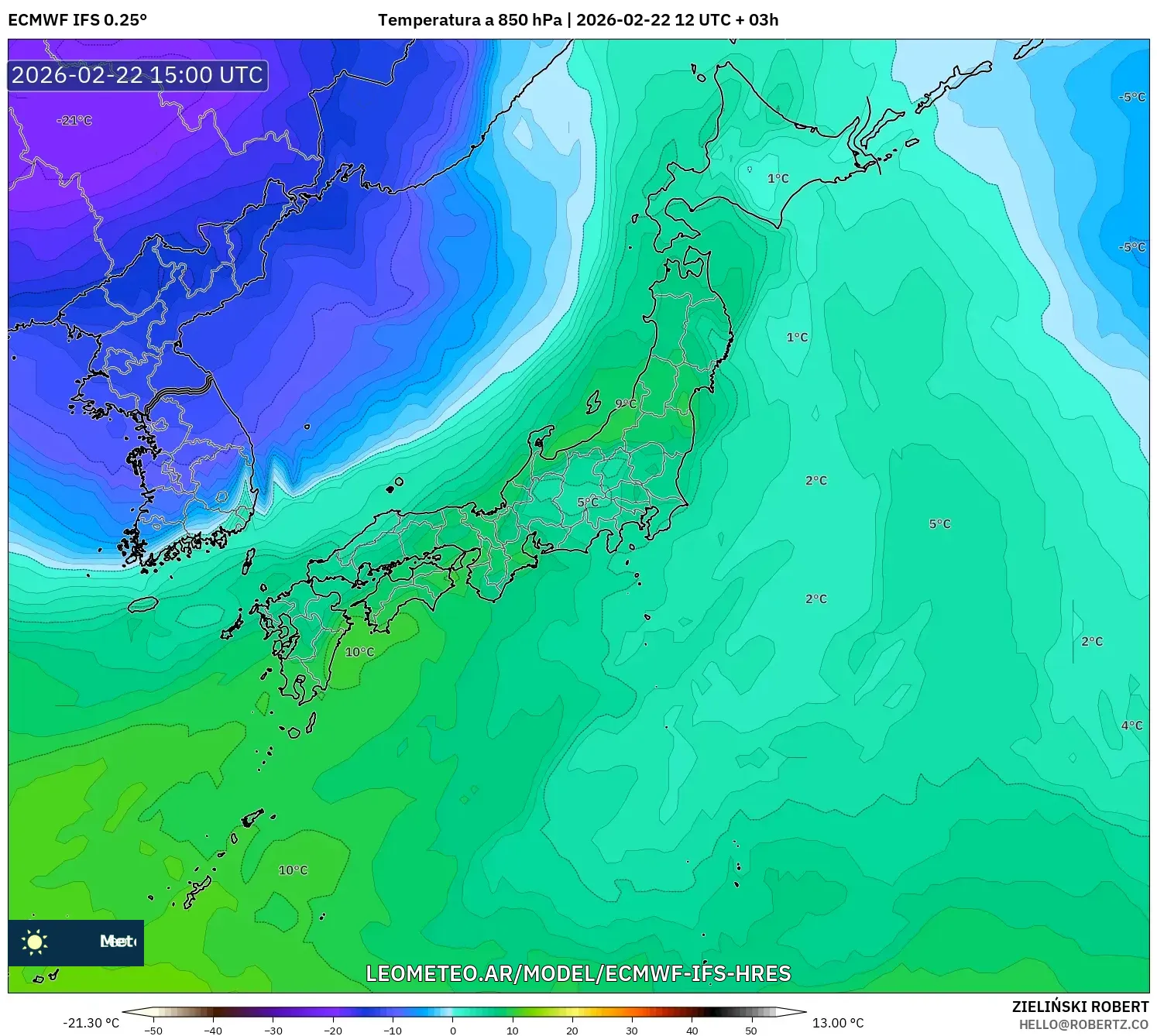 ECMWF IFS 0.25° model - Japonia, Temperatura na 850 hPa