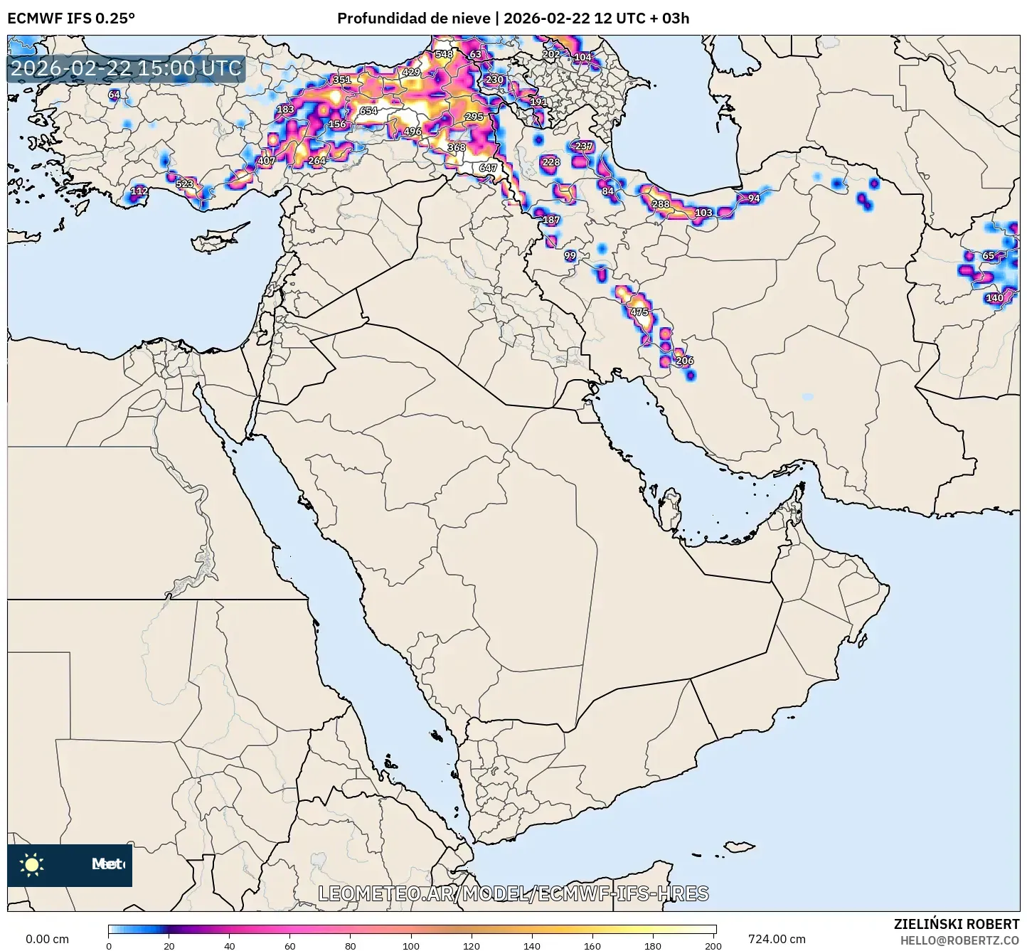 ECMWF IFS 0.25° model - Bliski Wschód, Pokrywa śnieżna