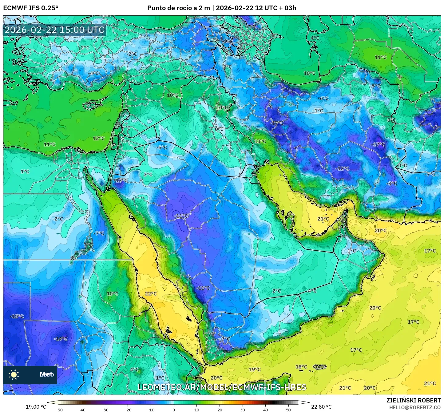 ECMWF IFS 0.25° model - Bliski Wschód, Punkt rosy na 2 m