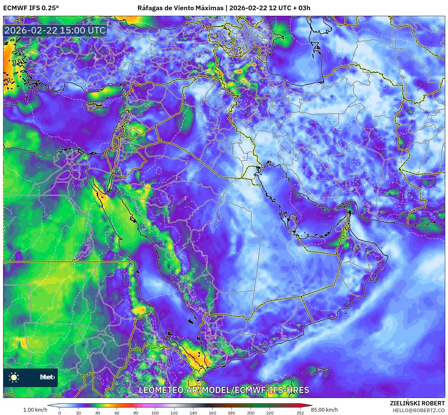 ECMWF IFS 0.25° model - Bliski Wschód, Maksymalne Porywy Wiatru