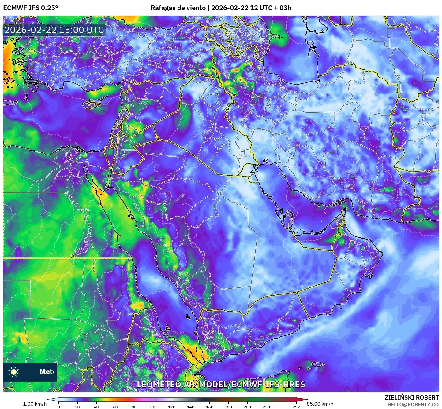 ECMWF IFS 0.25° model - Bliski Wschód, Porywy wiatru