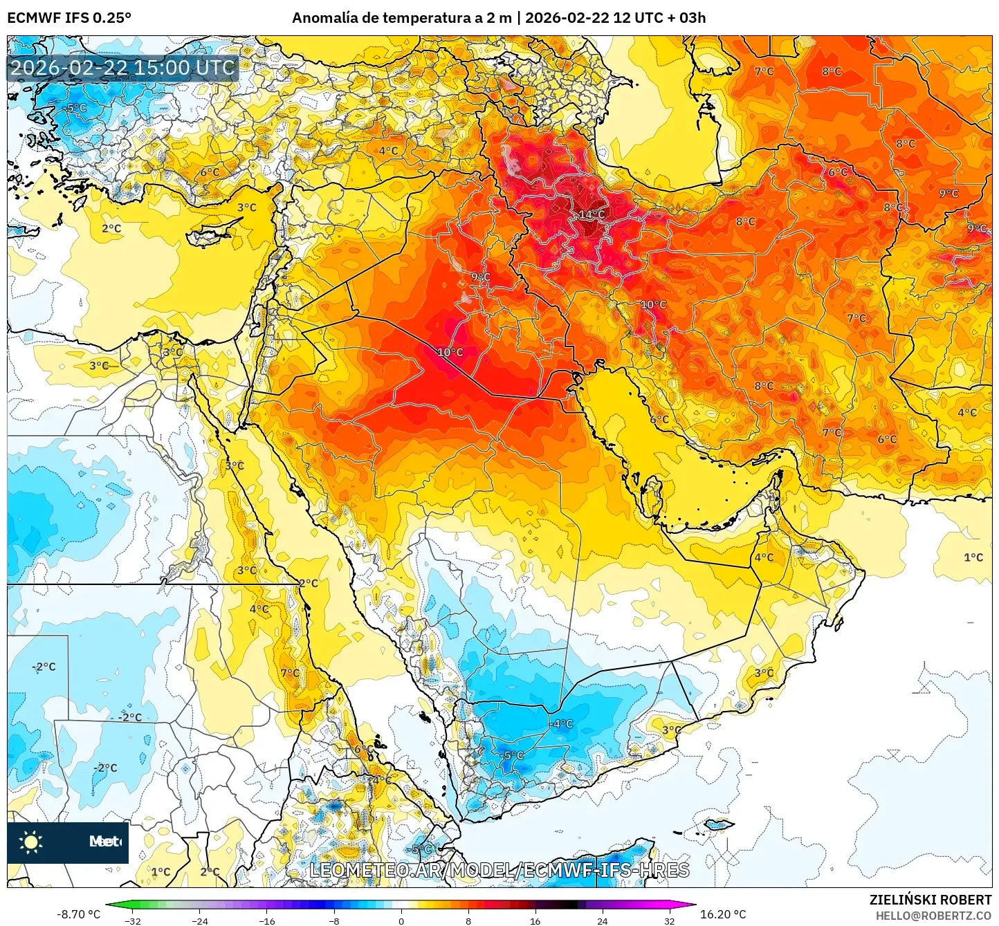 ECMWF IFS 0.25° model - Bliski Wschód, Anomalia temperatury na 2 m