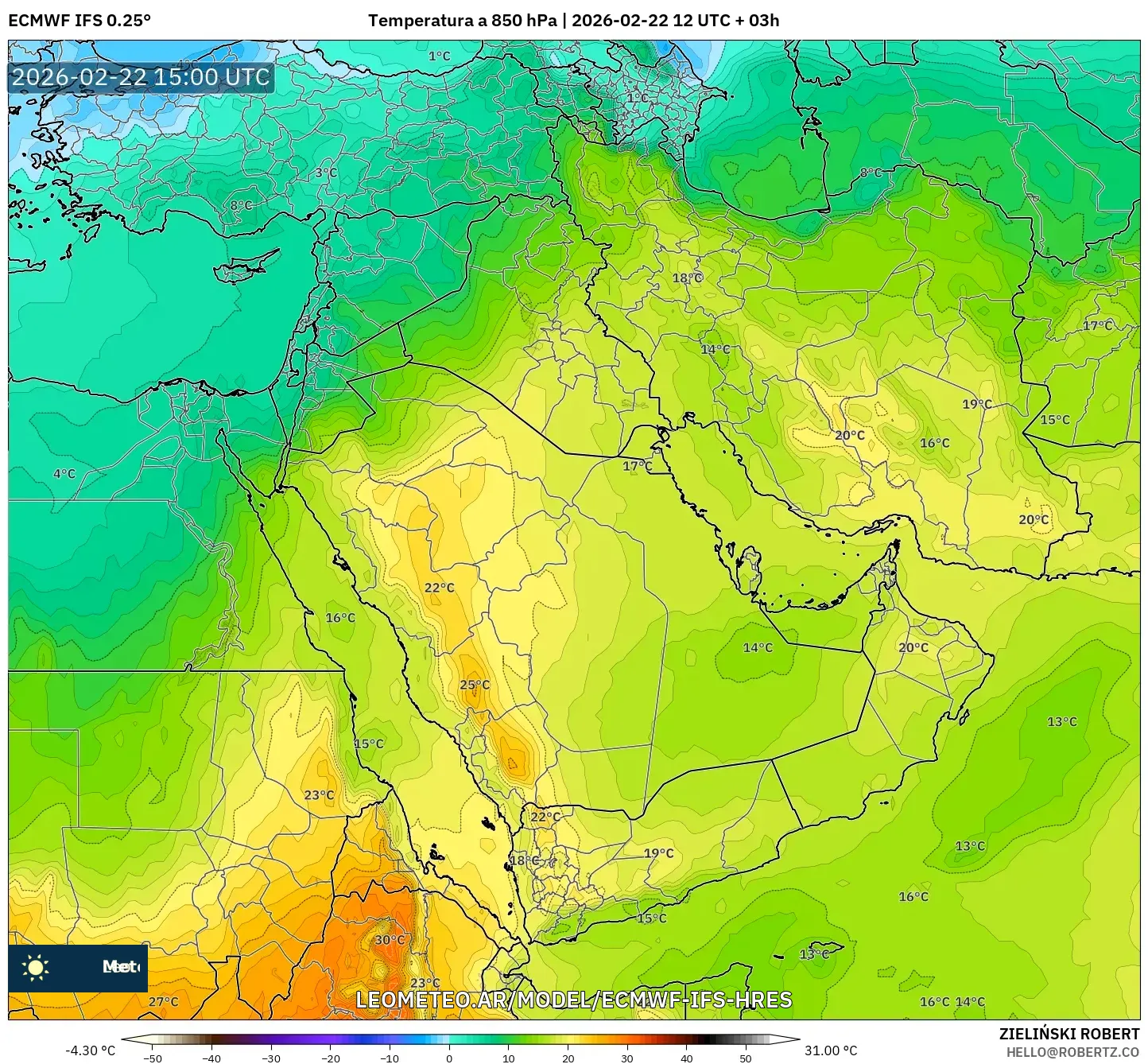 ECMWF IFS 0.25° model - Bliski Wschód, Temperatura na 850 hPa